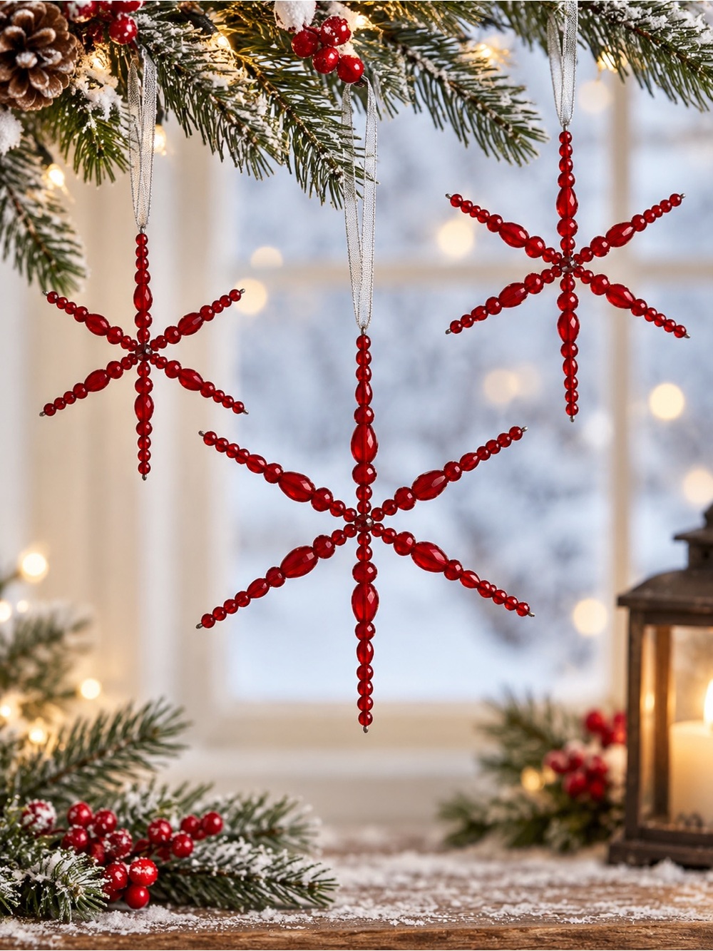 3 Red Glass Beaded Snowflake Christmas Ornaments Handmade Holiday Tree Decor